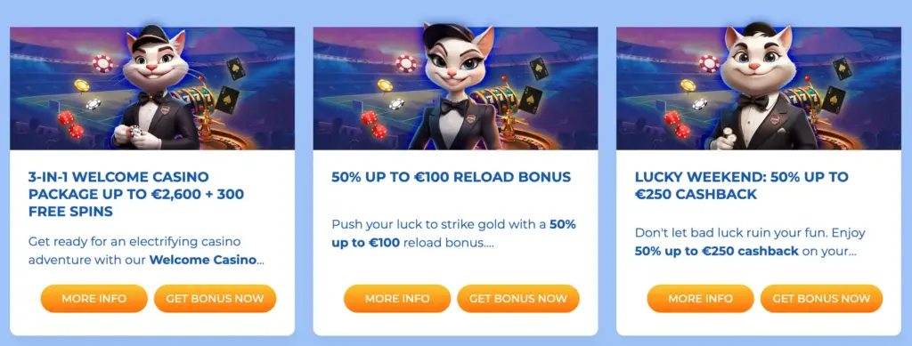 Three casino bonus offers featuring a playful mascot cat in a sports stadium background, including a welcome bonus, reload bonus, and a cashback offer.