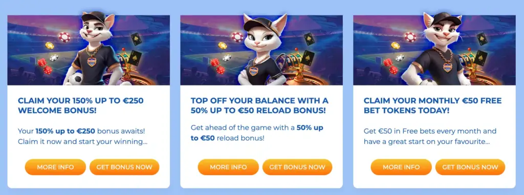 Casino bonus offers with a playful mascot cat in a sports stadium, highlighting a 150% welcome bonus, reload bonus, and monthly free bet tokens.