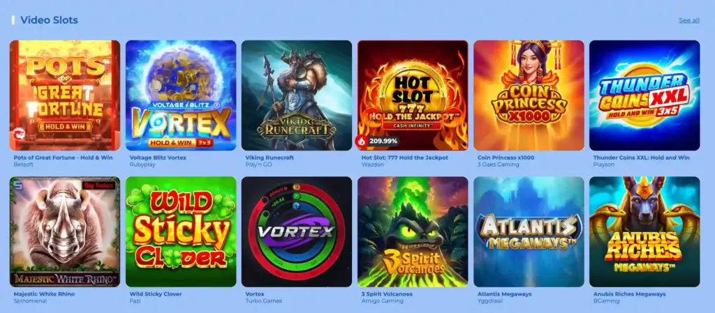 Selection of video slots featuring various titles like 'Pots of Great Fortune,' 'Voltage Blitz Vortex,' 'Viking Runecraft,' and others, displayed on a bright blue background.