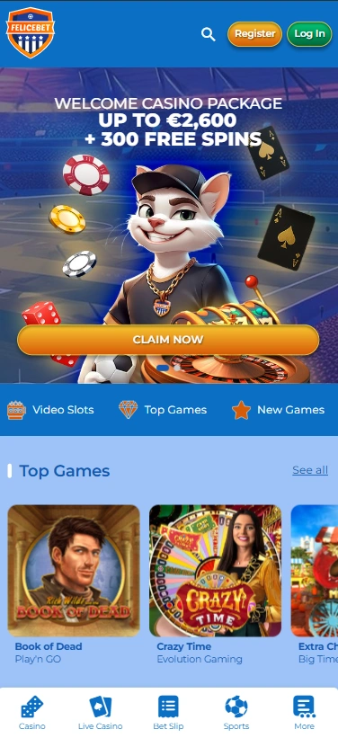 The FeliceBet Casino homepage viewed on an iPhone 14 Pro Max.