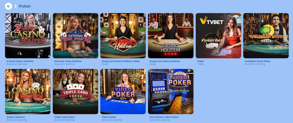 List of top live poker games at FeliceBet Casino.