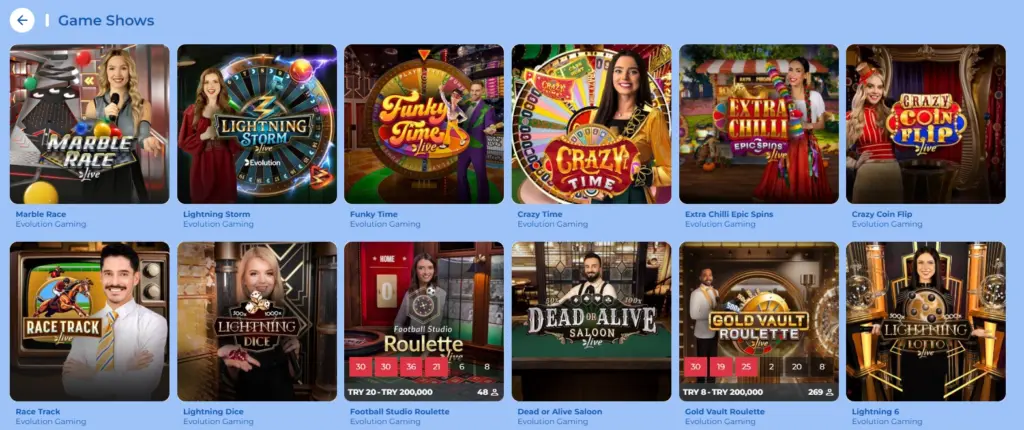 List of top live game shows from Evolution Gaming at FeliceBet Casino.