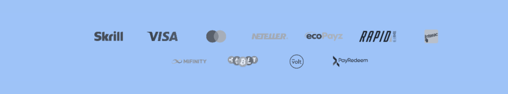 Payment options logos such as Skrill, VISA, Neteller, ecoPayz, Rapid, and others displayed on a blue background.