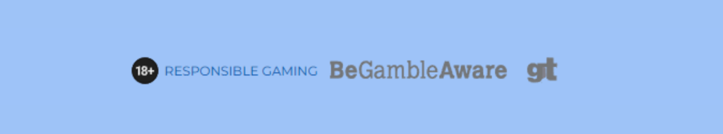 Responsible gaming logos, including 18+, Responsible Gaming, BeGambleAware, and GT, displayed on a blue background.