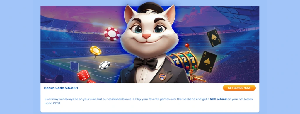 FeliceBet Casino weekend cashback bonus with white cat mascot in tuxedo – 50% refund on net losses up to €250.