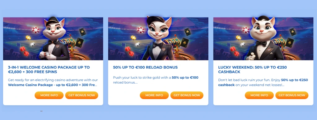 FeliceBet Casino welcome bonus offers a 3-in-1 package up to €2,600 with 300 free spins, reload bonuses, and weekend cashback.