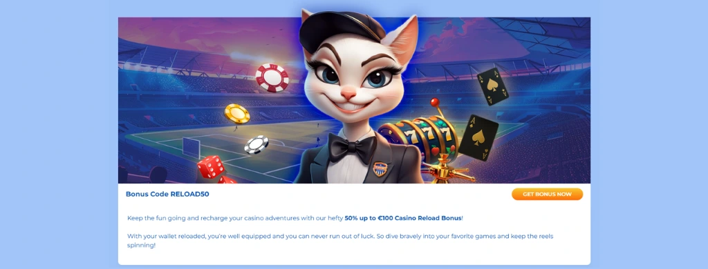 FeliceBet reload bonus promotion with cat mascot—50% up to €100 casino bonus using code RELOAD50.