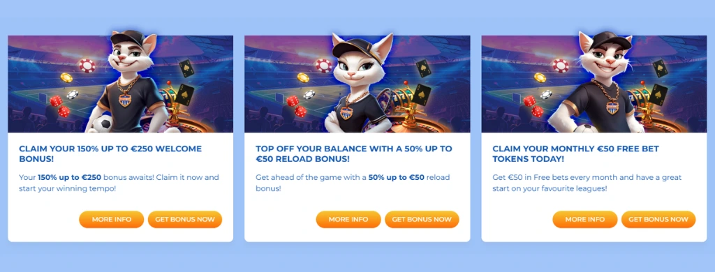 FeliceBet sports betting promotions—welcome bonus up to €250, reload bonus up to €50, and monthly €50 free bet tokens.