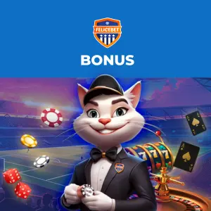 FeliceBet Bonus Offer featuring a cat mascot in a tuxedo holding casino chips, with a sports-themed background.