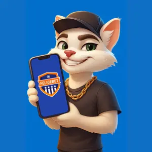 A stylised cat character holds a smartphone showing the FeliceBet logo.