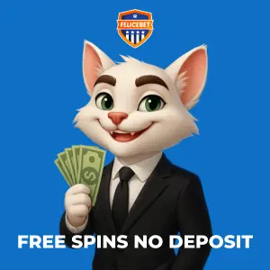 Felicebet character holding cash with a 'Free Spins No Deposit' message.