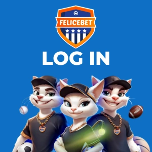 Felicebet Casino logo with three cartoon cats dressed in sports attire, with a 'Log In' prompt.