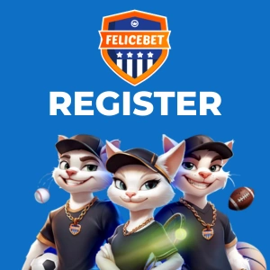 Felicebet Casino logo with three cartoon cats in sports attire, with a 'Register' prompt.