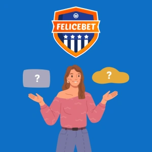 Illustration of a woman with two question marks, one in a grey box and the other in a yellow cloud, with the Felicebet logo above her.