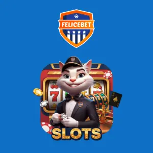 A cheerful white cat mascot in a suit stands before a slot machine, surrounded by casino elements and the word "SLOTS" in gold.